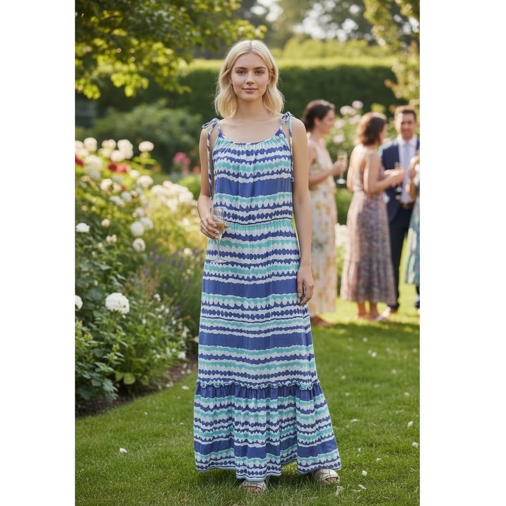 Trina Turk Blue Silk Maxi Dress Wavy Stripe Tie Shoulder Tiered Ruffle Size 2